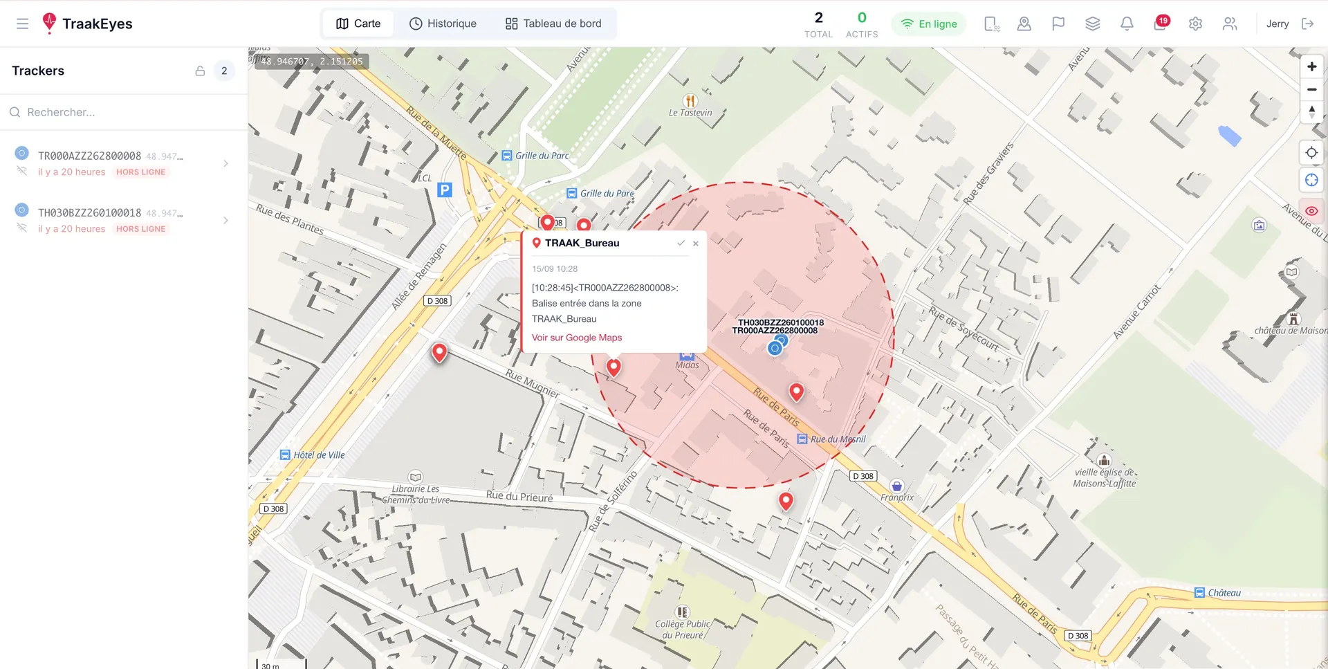 Interface TRAAKEyes : zone tracée sur une carte avec alerte d'entrée de balise