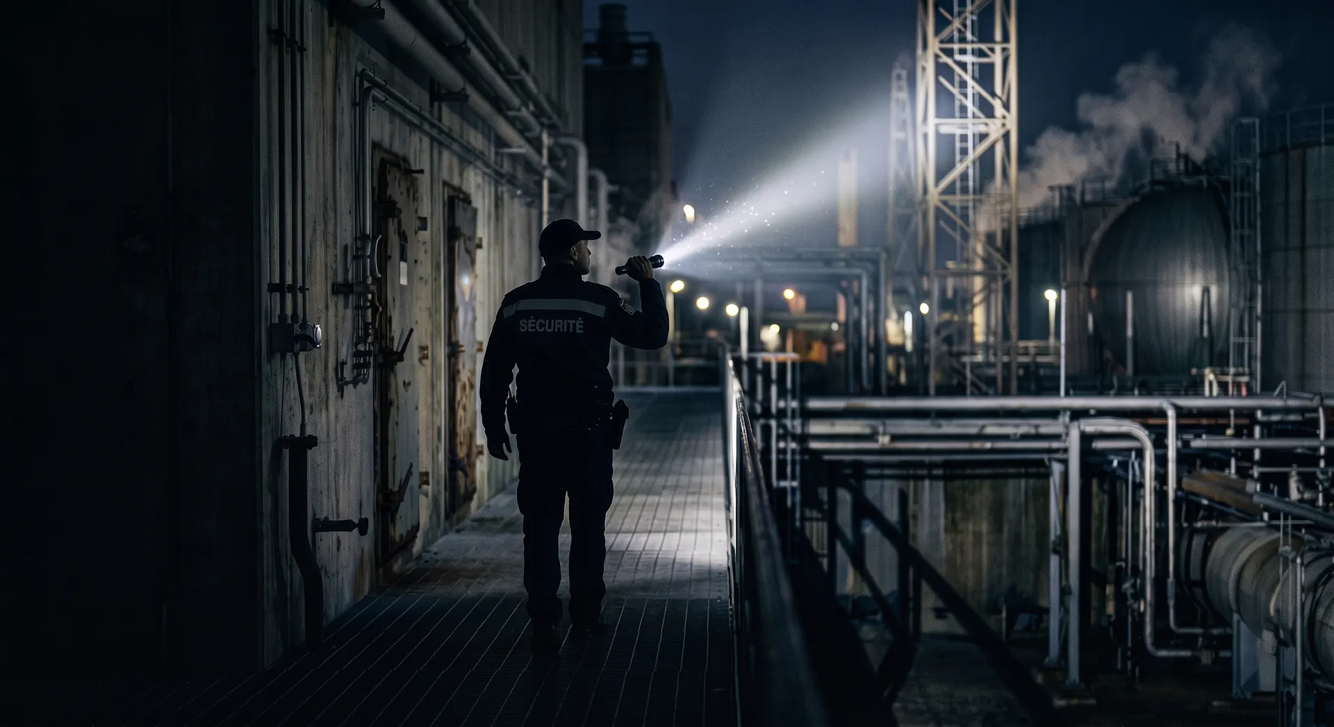 Agent de sécurité en ronde de nuit sur site industriel