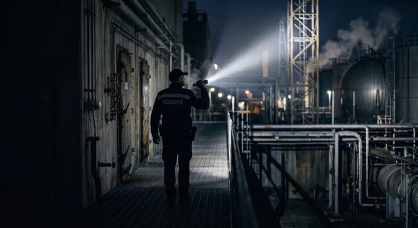 Agent de sécurité en ronde de nuit sur site industriel