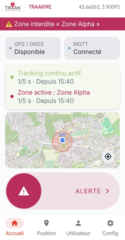 Écran Accueil - alerte de zone interdite franchie
