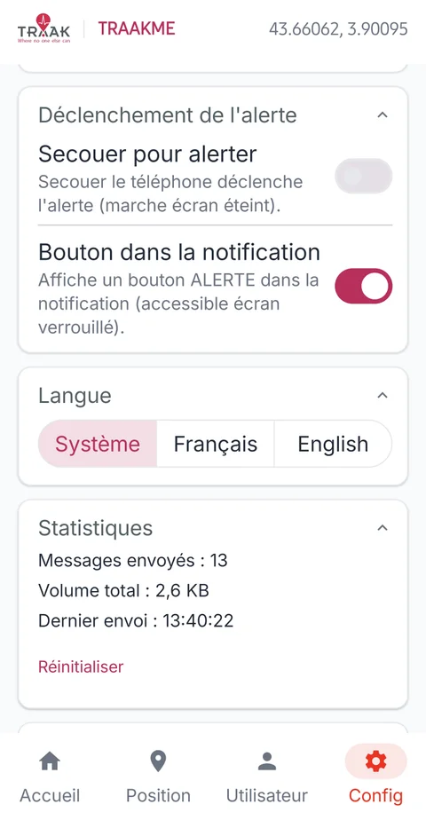 Écran Réglages - déclencheurs d'alerte