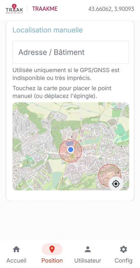 Écran Position - localisation manuelle de repli